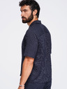 Ombre Clothing Férfi csíkos regular szabású ing viszkózból és lenvászonból kubai gallérral – sötétkék V2 OM-SHSS-0222 Ombre Clothing
