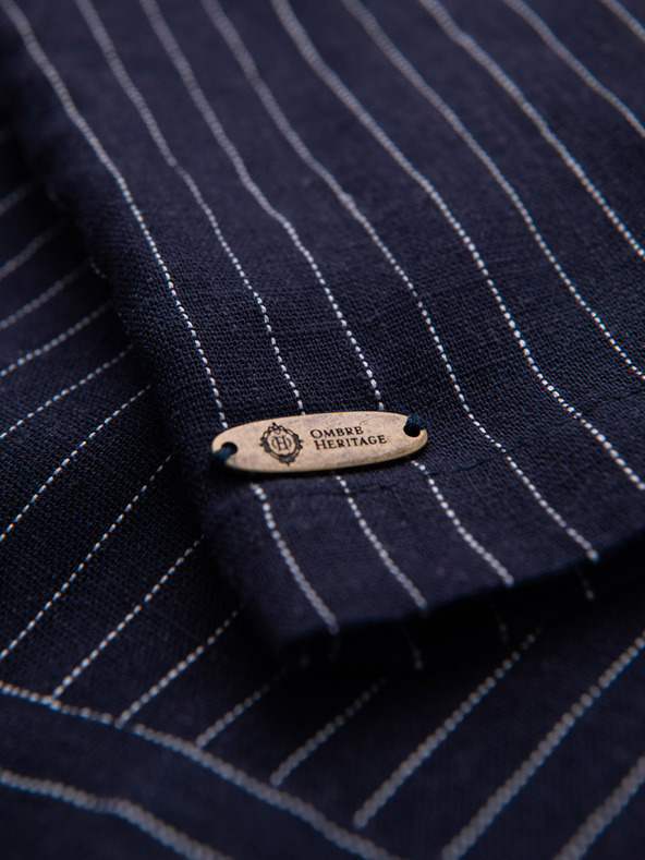 Ombre Clothing Férfi csíkos regular szabású ing viszkózból és lenvászonból kubai gallérral – sötétkék V2 OM-SHSS-0222 Ombre Clothing
