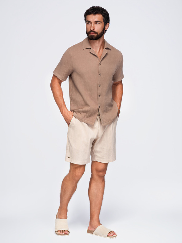 Ombre Clothing Férfi muszelining kubai gallérral – világosbarna V2 OM-SHSS-0223 Ombre Clothing