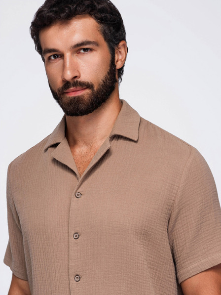 Ombre Clothing Férfi muszelining kubai gallérral – világosbarna V2 OM-SHSS-0223 Ombre Clothing