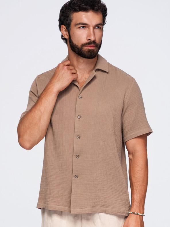 Ombre Clothing Férfi muszelining kubai gallérral – világosbarna V2 OM-SHSS-0223 Ombre Clothing