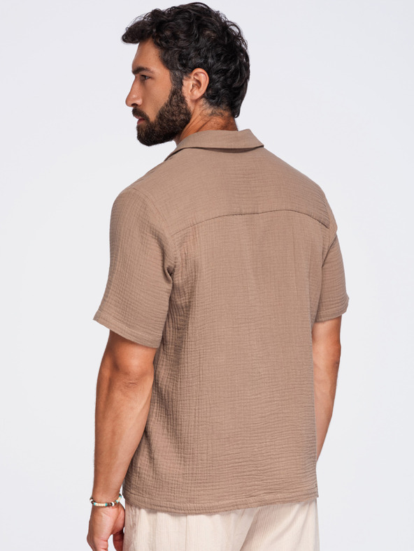 Ombre Clothing Férfi muszelining kubai gallérral – világosbarna V2 OM-SHSS-0223 Ombre Clothing