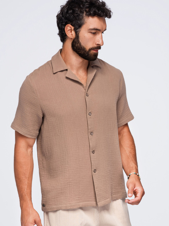 Ombre Clothing Férfi muszelining kubai gallérral – világosbarna V2 OM-SHSS-0223 Ombre Clothing