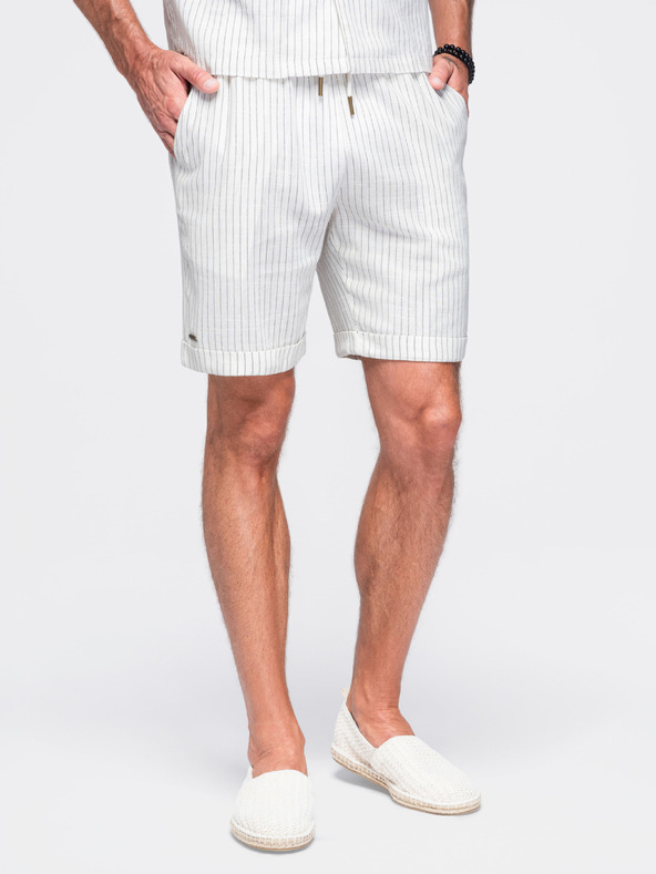 Ombre Clothing Férfi viszkóz-lenvászon shortok REGULAR FIT csíkokkal – elefántcsont V1 OM-SRCS-0208 Ombre Clothing
