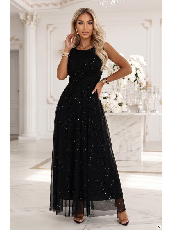 numoco AVELINE Hosszú maxi ruha csillogó tüllel és kerek kivágással - fekete