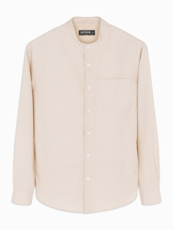 Ombre Clothing Férfi lenvászon ing állórágóval és zsebekkel, REGULAR FIT szabásban – krémszín V3 K704 Ombre Clothing