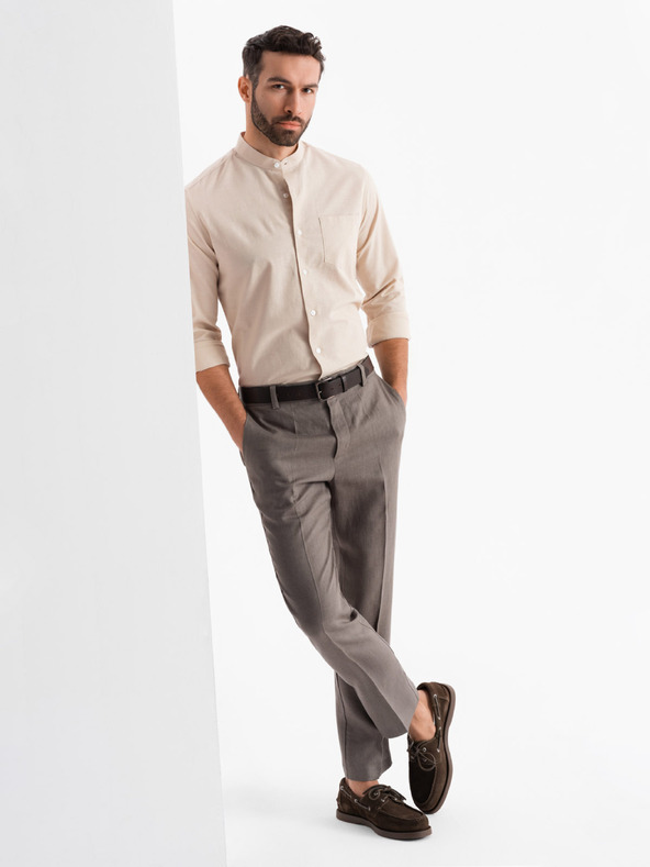 Ombre Clothing Férfi lenvászon ing állórágóval és zsebekkel, REGULAR FIT szabásban – krémszín V3 K704 Ombre Clothing