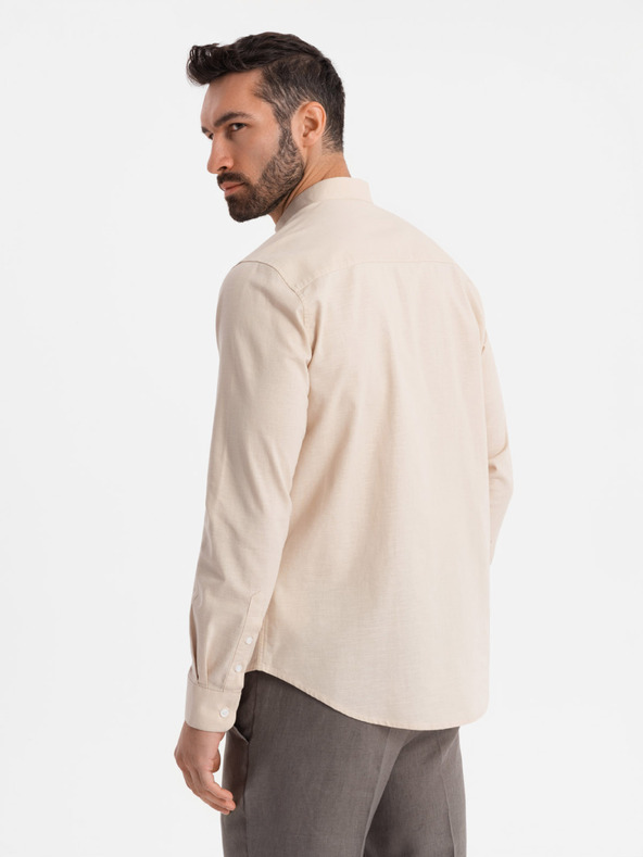 Ombre Clothing Férfi lenvászon ing állórágóval és zsebekkel, REGULAR FIT szabásban – krémszín V3 K704 Ombre Clothing