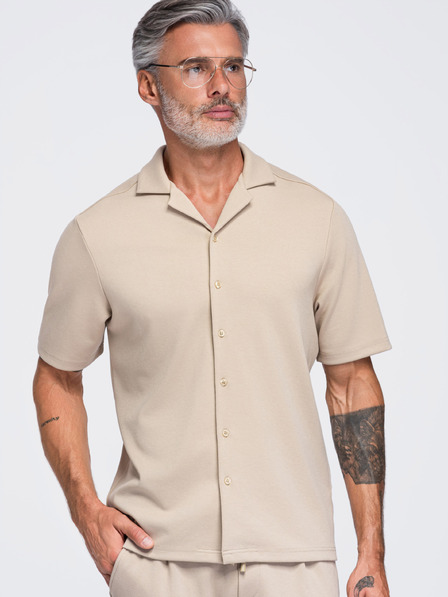 Ombre Clothing Férfi rövid ujjú ing kubai gallérral – bézs V3 OM-SHCS-0220 Ombre Clothing