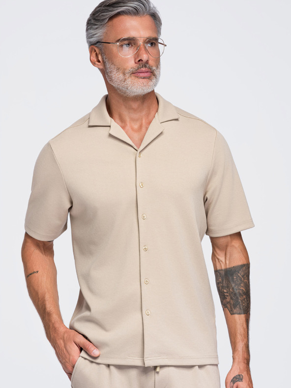 Ombre Clothing Férfi rövid ujjú ing kubai gallérral – bézs V3 OM-SHCS-0220 Ombre Clothing