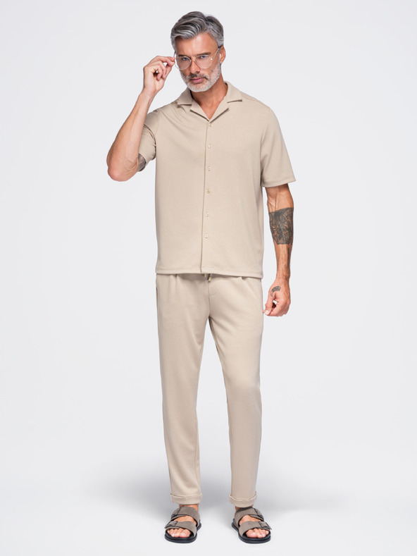 Ombre Clothing Férfi rövid ujjú ing kubai gallérral – bézs V3 OM-SHCS-0220 Ombre Clothing