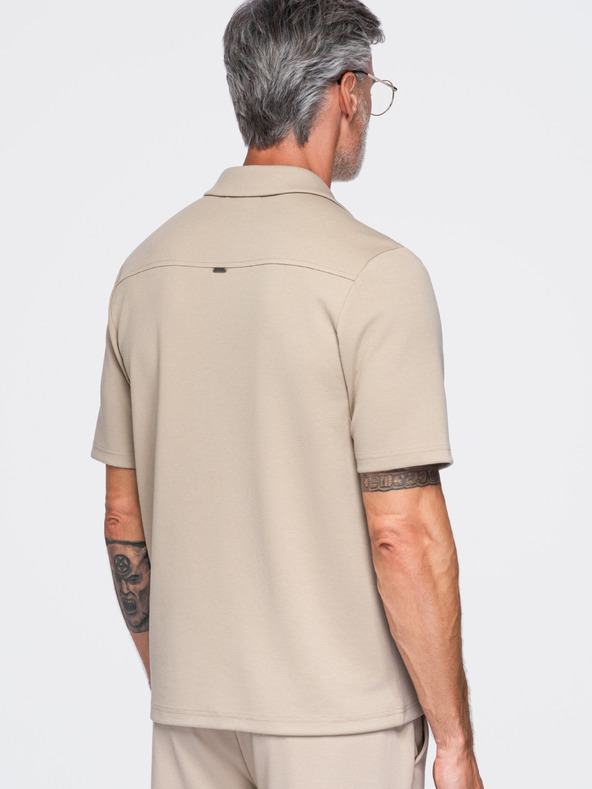 Ombre Clothing Férfi rövid ujjú ing kubai gallérral – bézs V3 OM-SHCS-0220 Ombre Clothing