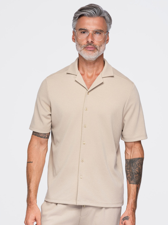 Ombre Clothing Férfi rövid ujjú ing kubai gallérral – bézs V3 OM-SHCS-0220 Ombre Clothing