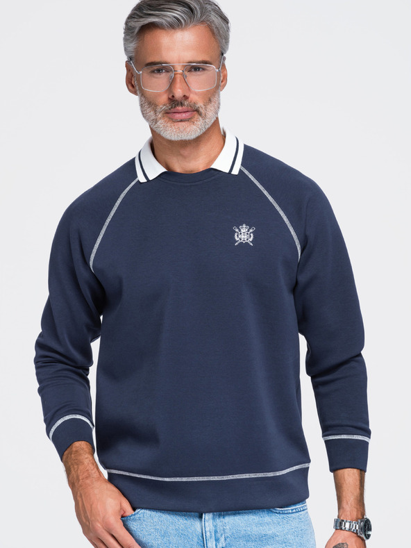 Ombre Clothing Férfi pulóver hímzéssel és kontraszt gallérral – sötét kék V1 OM-SSNZ-0269 Ombre Clothing