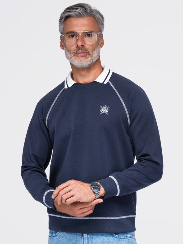 Ombre Clothing Férfi pulóver hímzéssel és kontraszt gallérral – sötét kék V1 OM-SSNZ-0269 Ombre Clothing