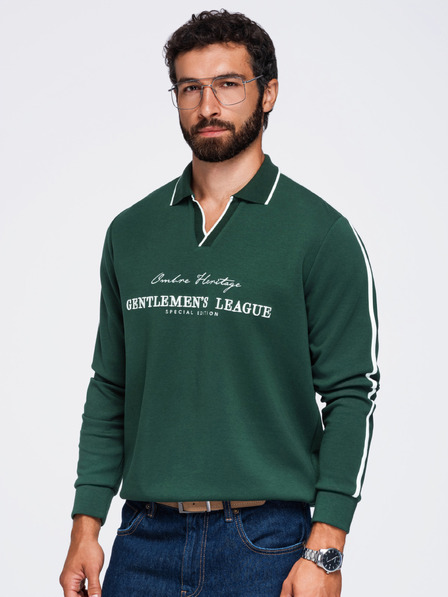 Ombre Clothing Férfi galléros pulóver V nyakkivágással és mellkasi hímzéssel – sötétzöld V3 OM-SSNZ-0268 Ombre Clothing