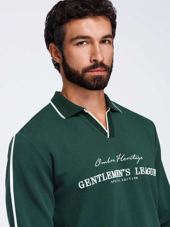Ombre Clothing Férfi galléros pulóver V nyakkivágással és mellkasi hímzéssel – sötétzöld V3 OM-SSNZ-0268 Ombre Clothing