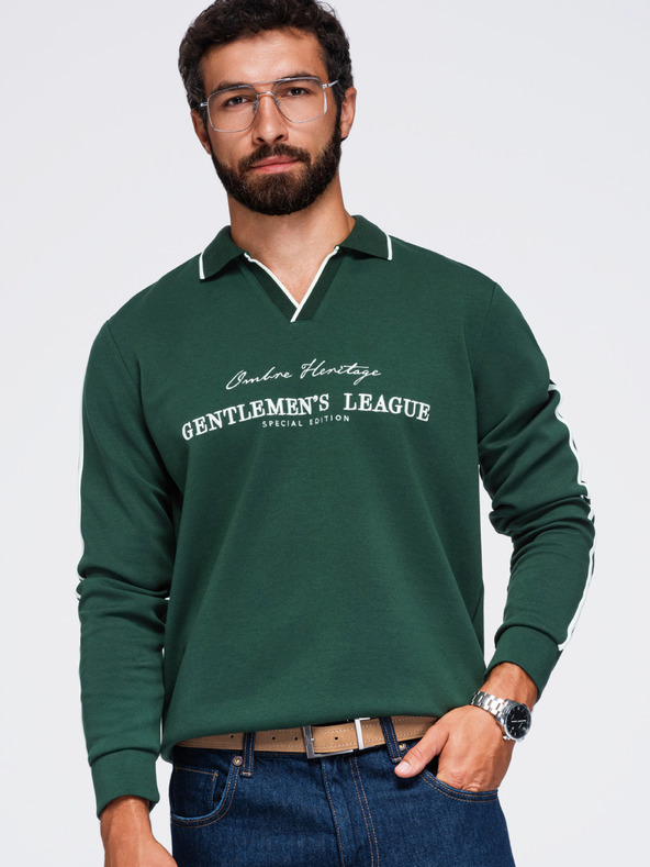 Ombre Clothing Férfi galléros pulóver V nyakkivágással és mellkasi hímzéssel – sötétzöld V3 OM-SSNZ-0268 Ombre Clothing
