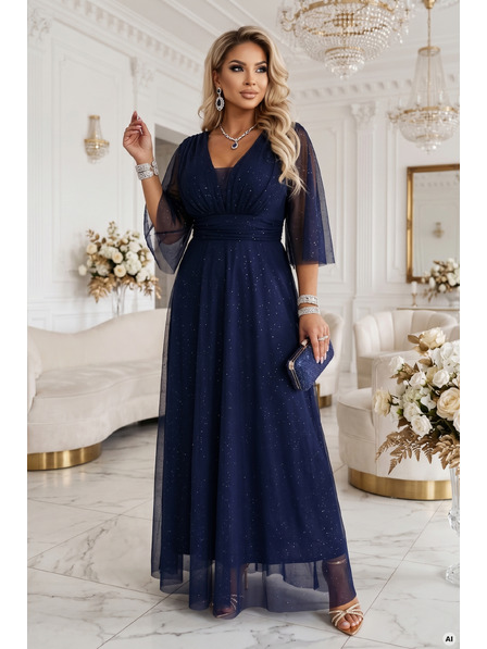 numoco Hosszú csillogó plus size ruha kivágással és átlátszó ujjal - sötétkék