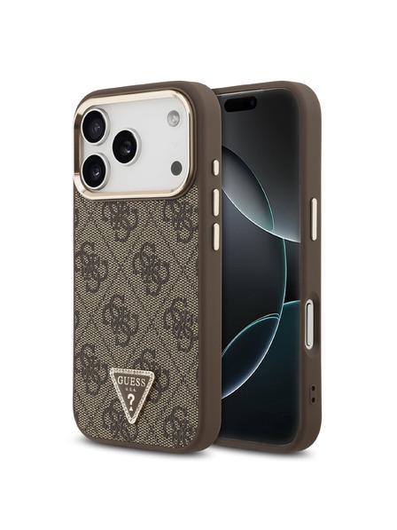 Guess Guess PU Leather 4G Strass Triangle Logo Gold Frame MagSafe Hátlap iPhone 18 Pro Brown