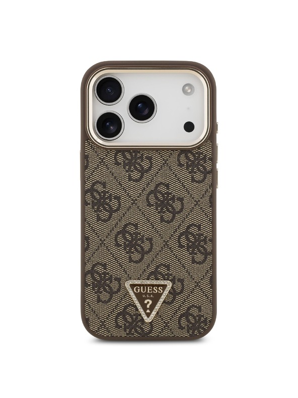 Guess Guess PU Leather 4G Strass Triangle Logo Gold Frame MagSafe Hátlap iPhone 18 Pro Brown