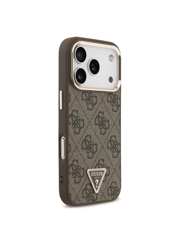 Guess Guess PU Leather 4G Strass Triangle Logo Gold Frame MagSafe Hátlap iPhone 18 Pro Brown