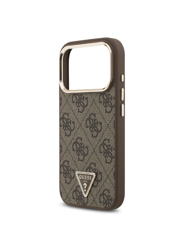 Guess Guess PU Leather 4G Strass Triangle Logo Gold Frame MagSafe Hátlap iPhone 18 Pro Brown