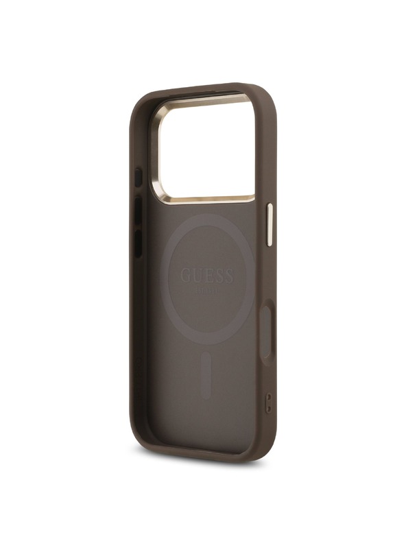 Guess Guess PU Leather 4G Strass Triangle Logo Gold Frame MagSafe Hátlap iPhone 18 Pro Brown