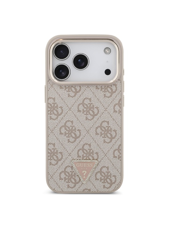 Guess Guess PU Leather 4G Strass Triangle Logo Gold Frame MagSafe Hátlap iPhone 18 Pro Pink