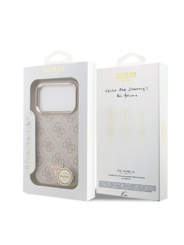 Guess Guess PU Leather 4G Strass Triangle Logo Gold Frame MagSafe Hátlap iPhone 18 Pro Pink
