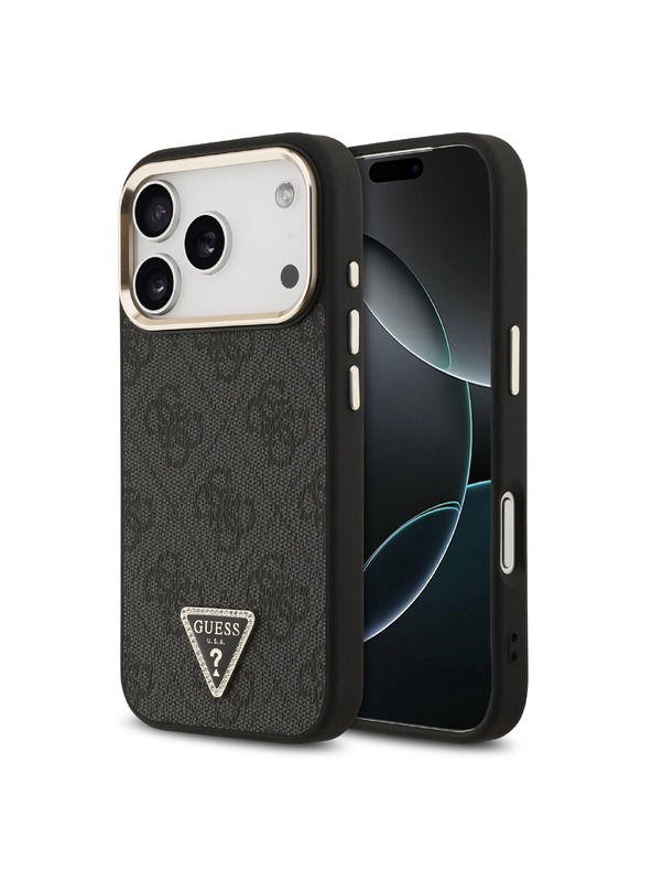 Guess Guess PU Leather 4G Strass Triangle Logo Gold Frame MagSafe Hátlap iPhone 18 Pro Black