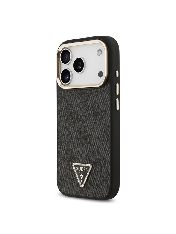 Guess Guess PU Leather 4G Strass Triangle Logo Gold Frame MagSafe Hátlap iPhone 18 Pro Black