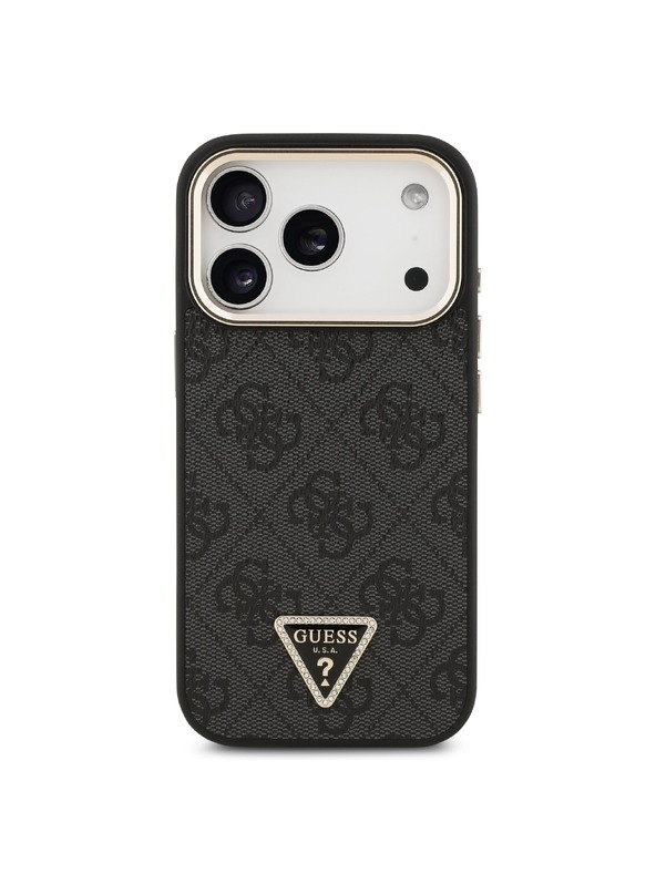Guess Guess PU Leather 4G Strass Triangle Logo Gold Frame MagSafe Hátlap iPhone 18 Pro Black