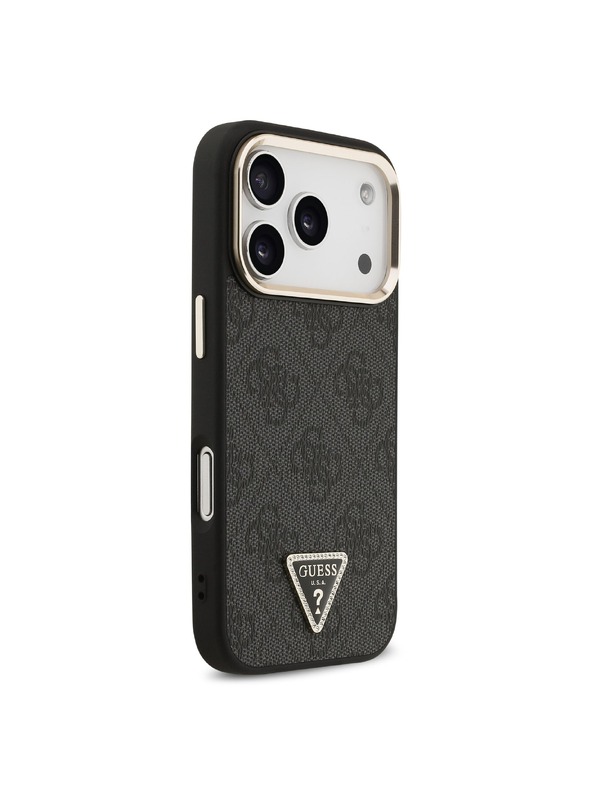 Guess Guess PU Leather 4G Strass Triangle Logo Gold Frame MagSafe Hátlap iPhone 18 Pro Black