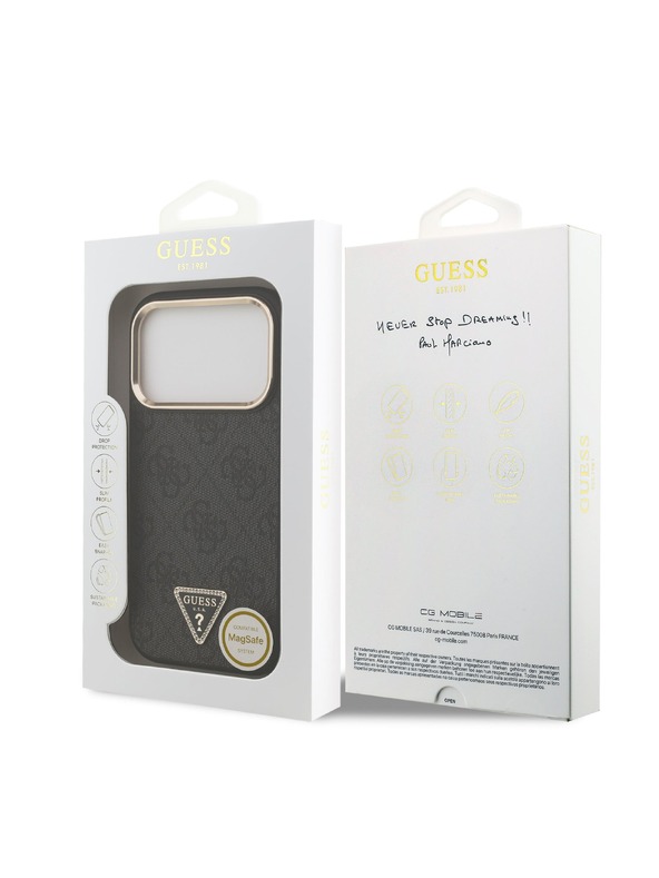 Guess Guess PU Leather 4G Strass Triangle Logo Gold Frame MagSafe Hátlap iPhone 18 Pro Black