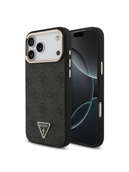 Guess Guess PU Leather 4G Strass Triangle Logo Gold Frame MagSafe Hátlap iPhone 18 Pro Max Black