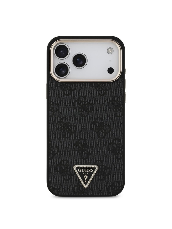 Guess Guess PU Leather 4G Strass Triangle Logo Gold Frame MagSafe Hátlap iPhone 18 Pro Max Black
