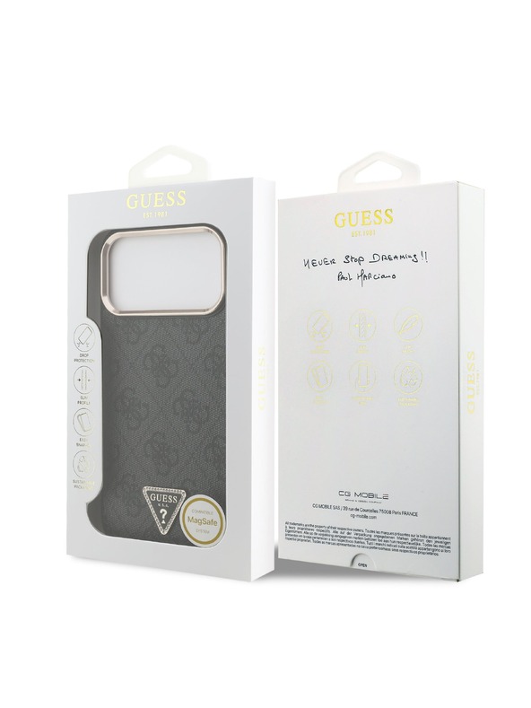 Guess Guess PU Leather 4G Strass Triangle Logo Gold Frame MagSafe Hátlap iPhone 18 Pro Max Black