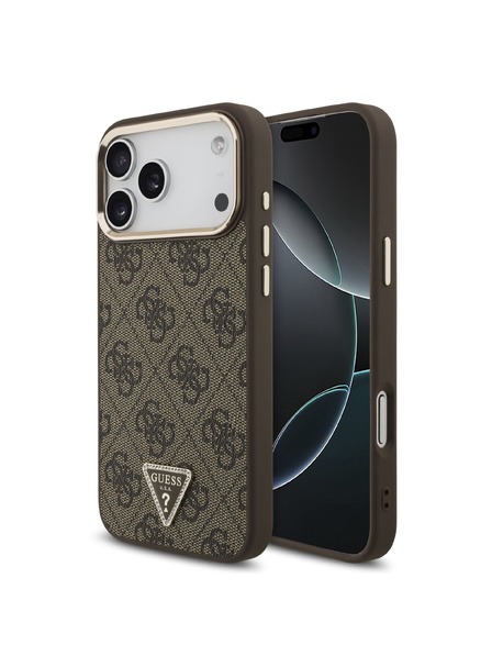 Guess Guess PU Leather 4G Strass Triangle Logo Gold Frame MagSafe Hátlap iPhone 18 Pro Max Brown