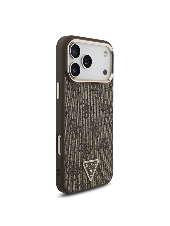 Guess Guess PU Leather 4G Strass Triangle Logo Gold Frame MagSafe Hátlap iPhone 18 Pro Max Brown