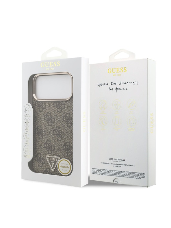 Guess Guess PU Leather 4G Strass Triangle Logo Gold Frame MagSafe Hátlap iPhone 18 Pro Max Brown