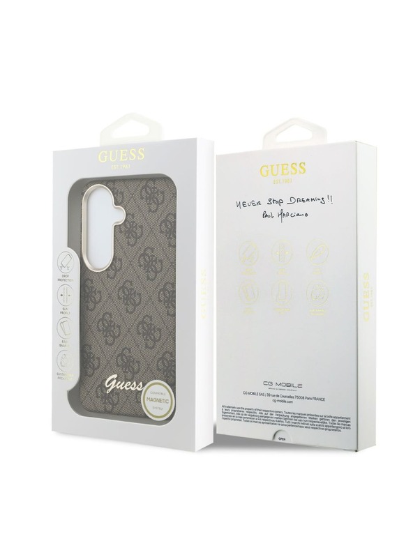 Guess Guess PU 4G Script Metal Logo Magnetic Hátlap Samsung Galaxy S26-hoz Barna