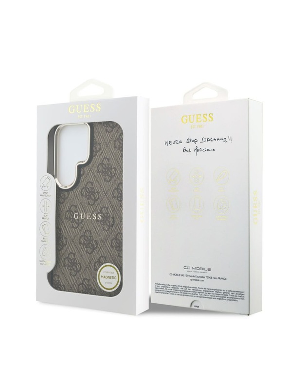 Guess Guess PU Bőr 4G Arany Keret Mágneses Hátsó Tok Samsung Galaxy S26 Ultra Brown