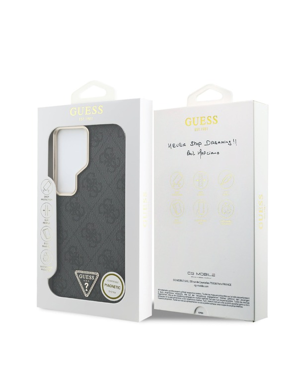 Guess Guess PU Bőr 4G Strass Háromszög Logo Arany Keret Mágneses Hátsó Tok Samsung Galaxy S26 Ultra Black