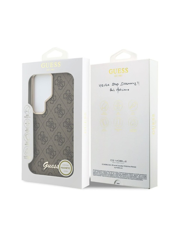 Guess Guess PU 4G Script Metal Logo Mágneses Hátsó Tok Samsung Galaxy S26 Ultra Brown