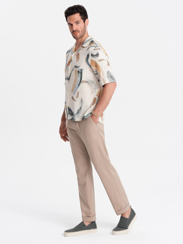 Ombre Clothing Férfi chino nadrág feltűrt lábszárral és lenvegyülettel – bézs V3 P1522 Ombre Clothing