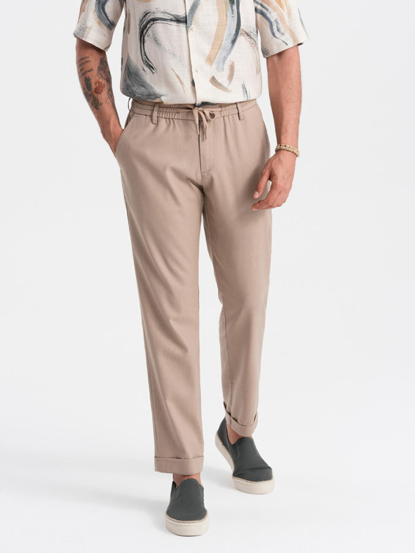 Ombre Clothing Férfi chino nadrág feltűrt lábszárral és lenvegyülettel – bézs V3 P1522 Ombre Clothing