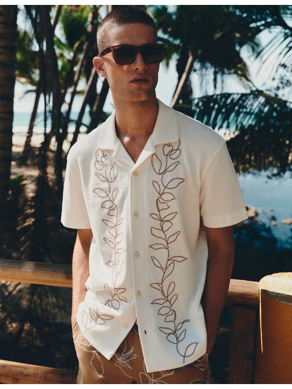Marks & Spencer Hímzett rövid ujjú ing tiszta pamutból Marks & Spencer krémszínű
