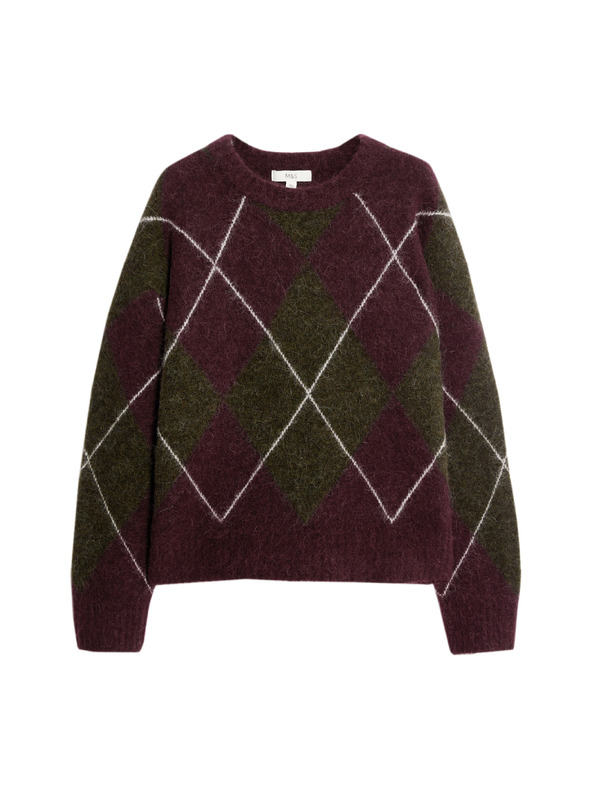 Marks & Spencer Szabadon vágott pulóver gyapjúkeverékből kerek nyakkivágással és geometrikus mintával Marks & Spencer piros