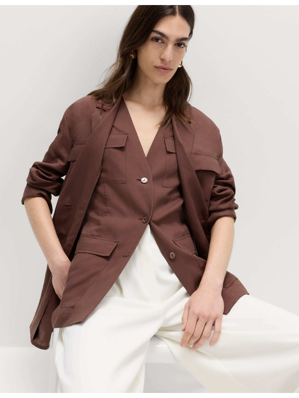 Marks & Spencer Hosszú funkcionális blazer övvel és lenvászonnal Marks & Spencer barna